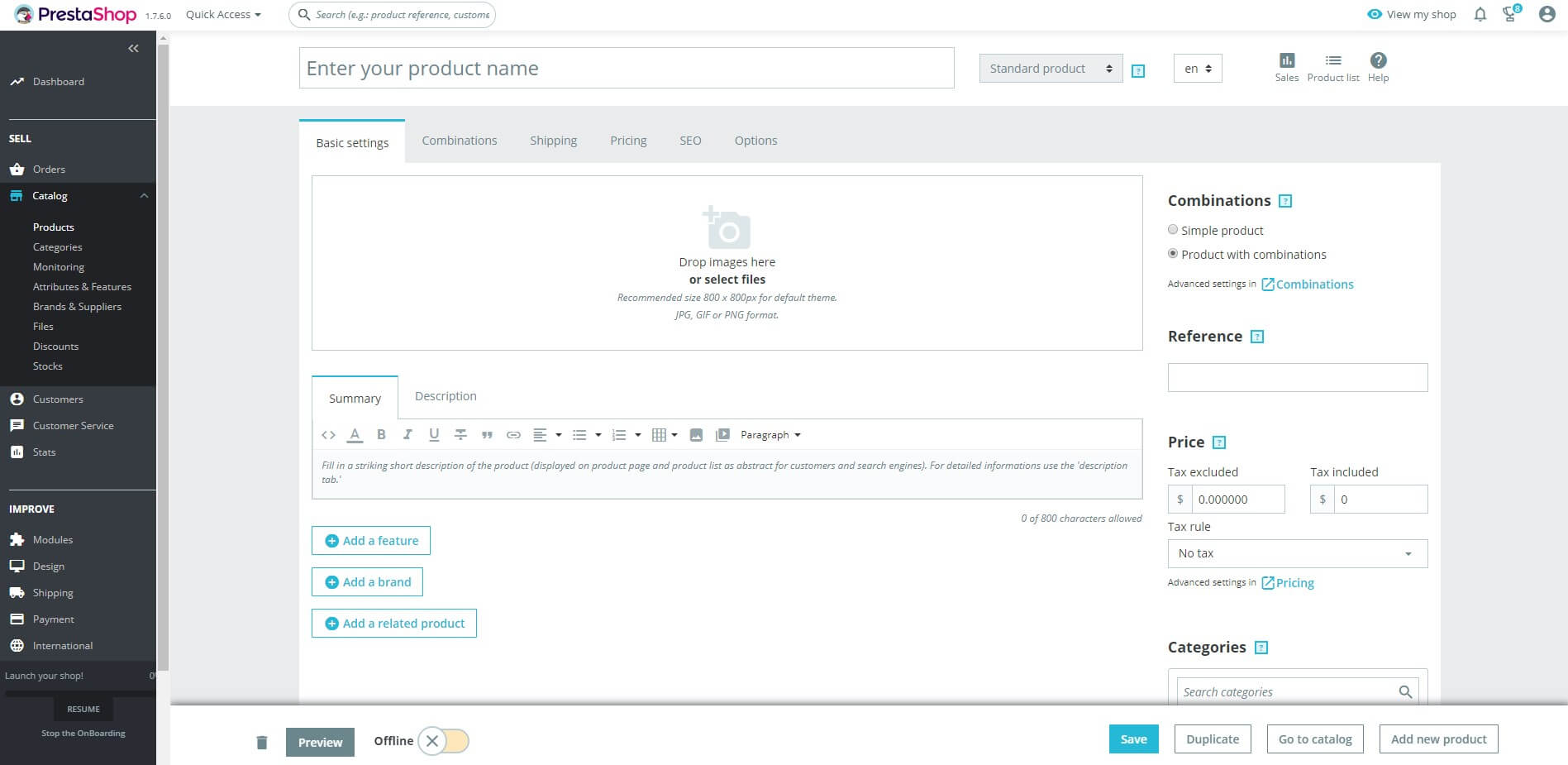 Adding new product with combinations PrestaShop 1.7