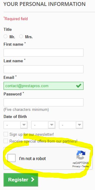 prestashop recaptcha registration form